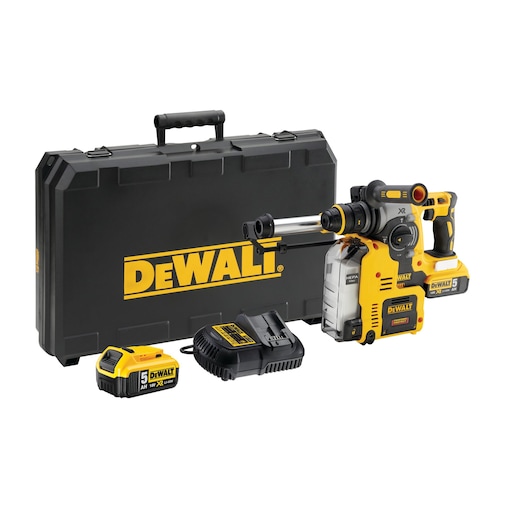 DEWALT cordless rotary hammer kit with battery, charger and case shown.