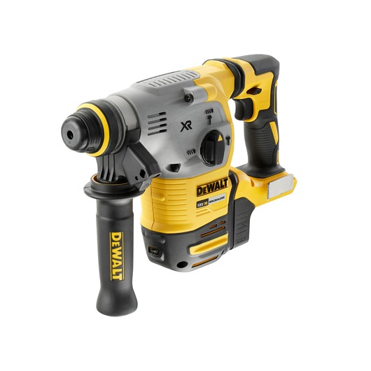 Cordless DEWALT rotary hammer drill with side handle, yellow and black design, 18V model DCH283NT.