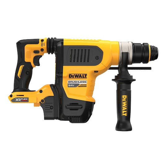 A DEWALT brushless 54V cordless rotary hammer drill with a side handle, featuring XR FLEXVOLT technology. The tool has a yellow and black color scheme and is designed for heavy-duty construction tasks.