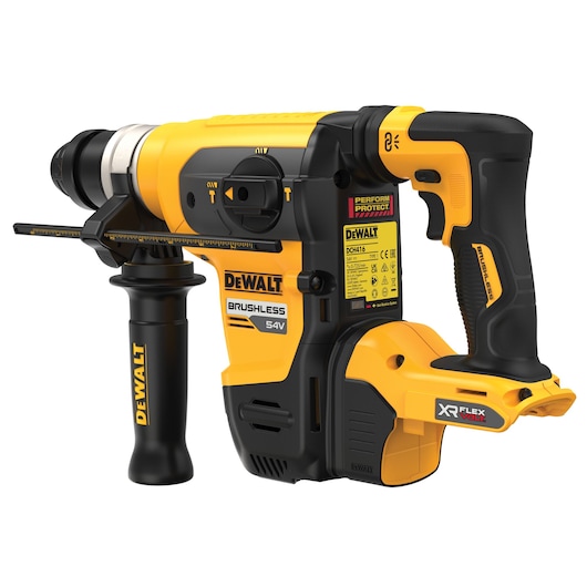 A DEWALT 54V XR FlexVolt brushless rotary hammer drill with a side handle. The tool has a yellow and black body, labeled 'DCH416' and 'Perform Protect'.