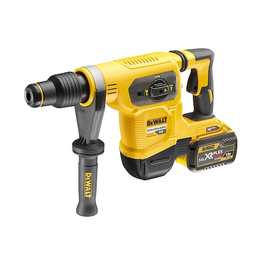 A yellow and black DEWALT cordless rotary hammer drill with a side handle and a detachable XR FLEXVOLT battery, designed for heavy-duty construction and drilling tasks.