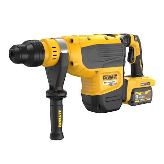 A DEWALT 60V MAX FLEXVOLT cordless rotary hammer drill with a brushless motor, yellow and black in color, featuring a side handle and removable battery pack.
