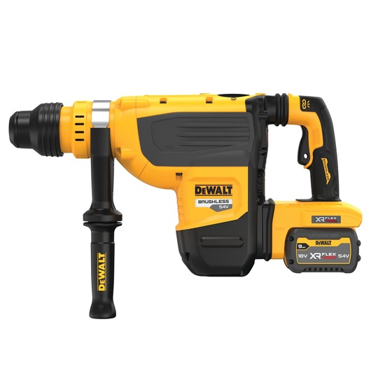 A yellow and black DEWALT 54V XR FLEXVOLT brushless rotary hammer drill, shown in profile with an auxiliary handle and battery attached.