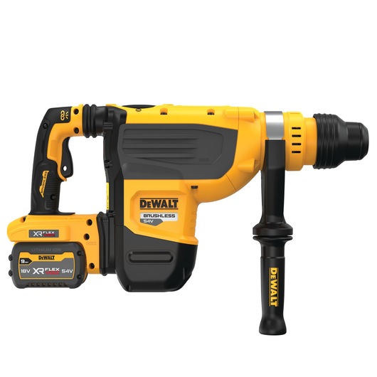 A DEWALT cordless rotary hammer drill with a brushless motor, featuring a yellow and black design. The tool has a side handle and an XR FLEXVOLT lithium-ion battery attached at the base.