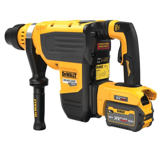 A DEWALT 54V XR FLEXVOLT cordless rotary hammer drill with a side handle and a large battery pack attached. The tool is yellow and black with visible product labels.