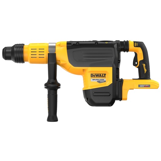 A DEWALT 54V brushless rotary hammer drill with a yellow and black design, featuring a side handle and an XR FLEXVOLT label, model DCH775N.