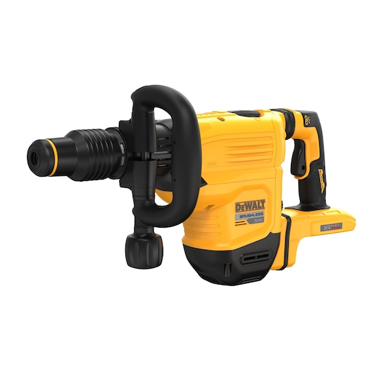 A DEWALT cordless rotary hammer drill with a yellow and black design, featuring a side handle and brushless motor, displayed against a white background.