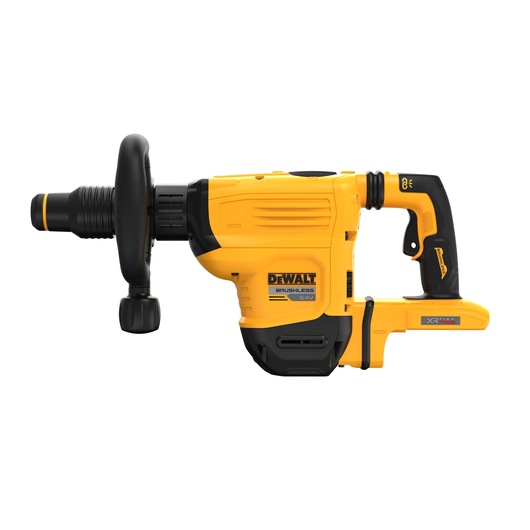 A DEWALT 54V cordless brushless rotary hammer drill with a yellow and black design, featuring a side handle for control and the XR FLEXVOLT logo visible on the battery slot.