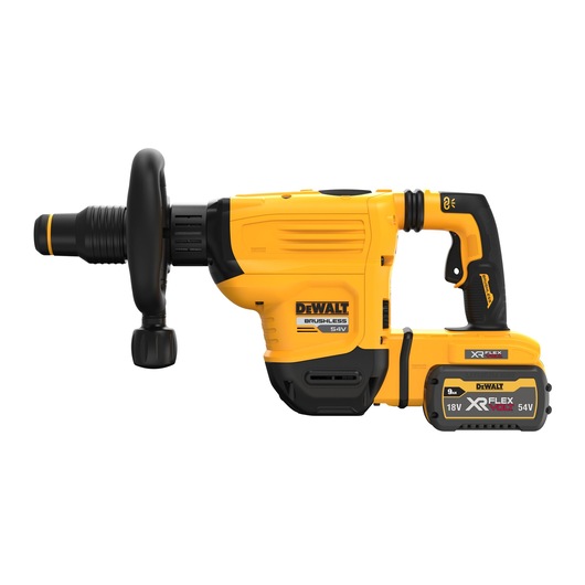 A DEWALT DCH832X1 cordless brushless rotary hammer drill, 54V XR FLEXVOLT, with a yellow and black color scheme, shown in side profile with its battery attached.