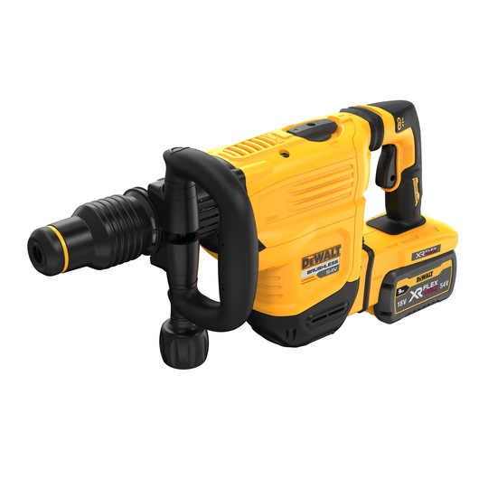 A DEWALT-branded yellow and black cordless rotary hammer drill with a side handle and a large battery pack attached. Model number DCH832X1 is visible on the tool.