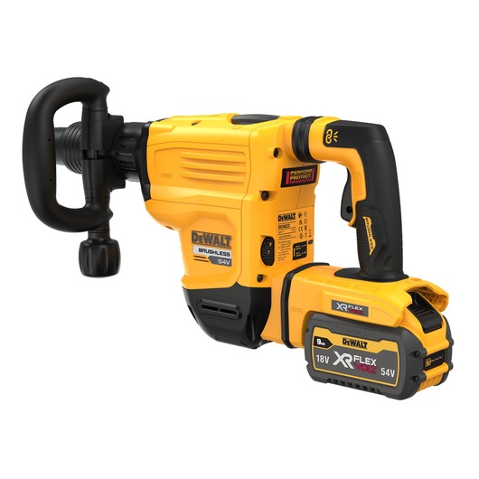 A DEWALT 54V XR FLEXVOLT cordless rotary hammer drill with a brushless motor, shown with a large side handle and robust black and yellow casing.
