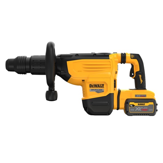 A yellow and black DEWALT cordless rotary hammer drill with a side handle and XR FLEXVOLT battery attached.