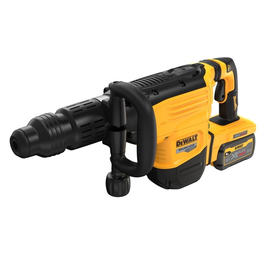 A DEWALT cordless yellow and black demolition hammer with an ergonomic front handle and an 18V XR FLEXVOLT lithium-ion battery attached.