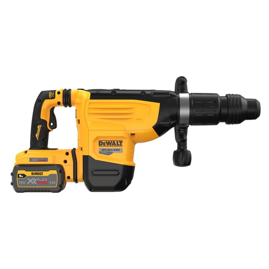 DEWALT cordless yellow and black rotary hammer with brushless motor, featuring an 18V XR FLEXVOLT battery.