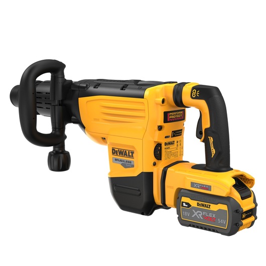 DEWALT XR FLEXVOLT 54V cordless brushless demolition hammer with ergonomic handle and battery pack, designed for heavy-duty construction use.