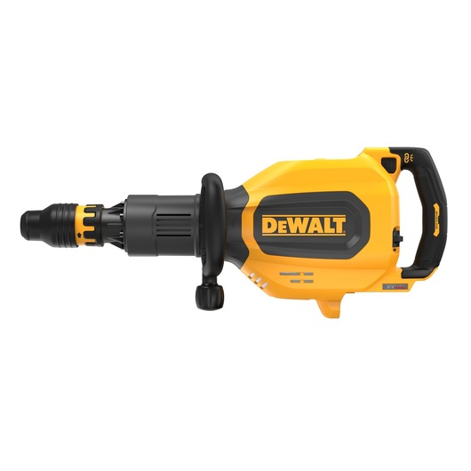 A DEWALT branded electric demolition hammer, featuring a yellow and black body, side handle, and ergonomic grip, shown against a white background.