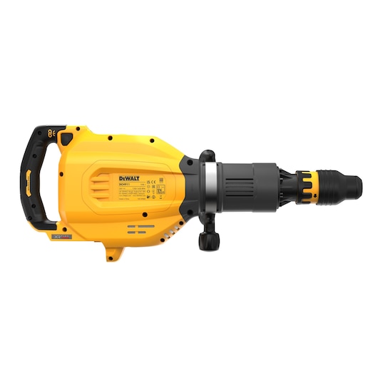 A DEWALT DCH911NK cordless demolition hammer, featuring a yellow and black design, side handle, and detailed labeling, shown on a white background.