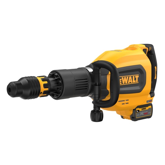 A DEWALT cordless rotary hammer drill with a yellow and black body, featuring a side handle and battery pack attached, viewed from the front left angle.