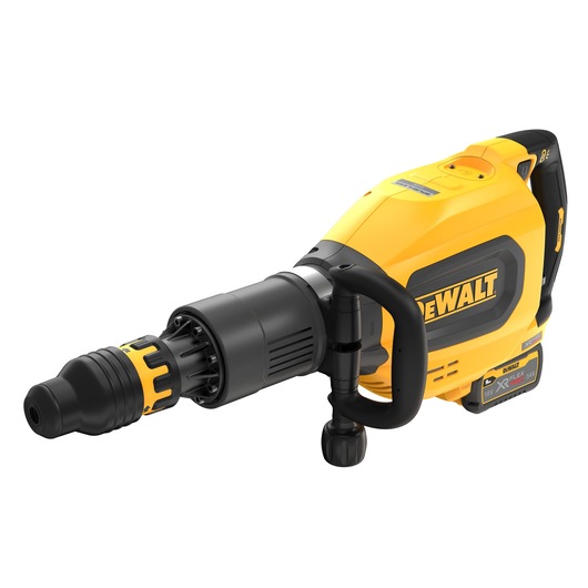 A yellow and black DEWALT cordless rotary hammer drill with a side handle and an 18V XR FLEXVOLT battery.