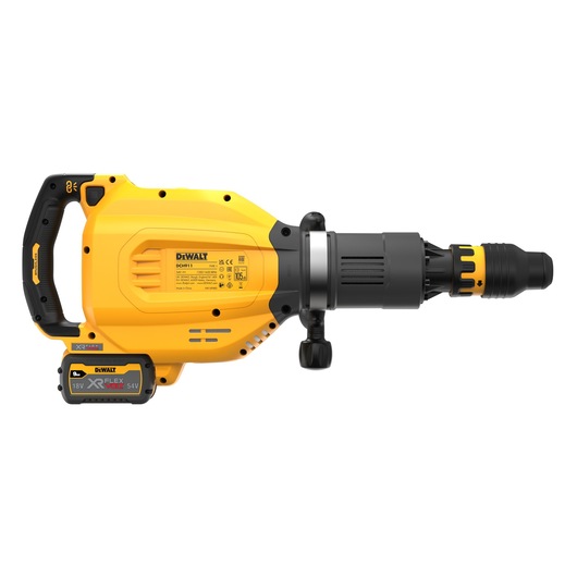 A yellow and black DEWALT cordless rotary demolition hammer with a side handle and visible battery pack.