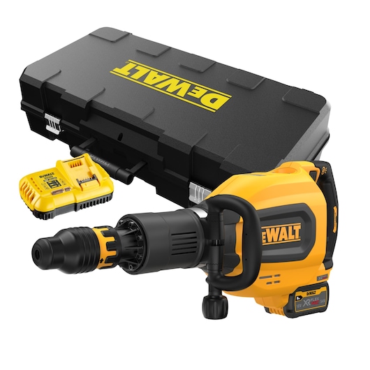 A DEWALT cordless rotary hammer drill kit including a yellow and black rotary hammer drill, a battery charger, and a sturdy black carrying case with DEWALT branding.