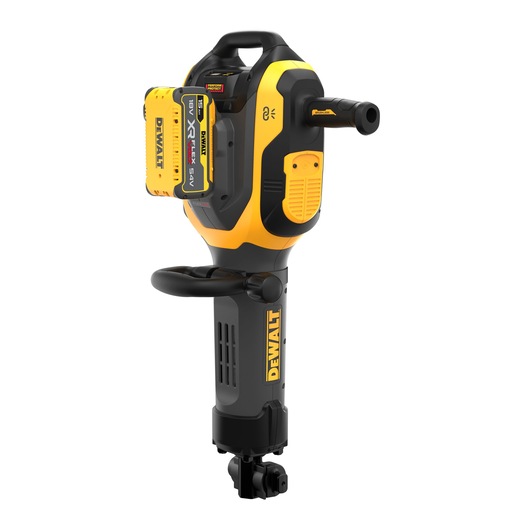 A DEWALT cordless demolition breaker tool, featuring a yellow and black design, a handle at the top, and an 18V battery pack attached on the side.