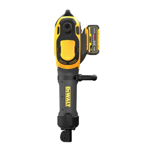 A DEWALT cordless power tool with a yellow and black design, featuring a handle, control buttons, and an attached battery pack, shown facing forward against a white background.
