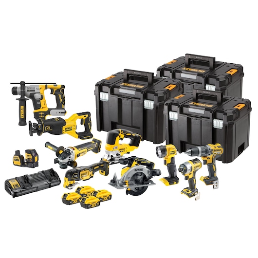 A DEWALT professional photography kit consisting of multiple yellow and black power tools, including drills, saws, grinders, batteries, a charger, three large storage cases, and measurement tools, all arranged neatly.