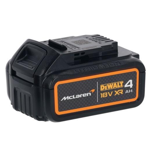 A DEWALT McLaren 18V XR 4Ah lithium-ion battery pack for power tools. The battery is black with orange and grey detailing, and features branding and specifications on the side.