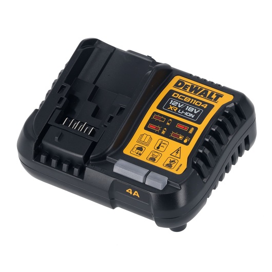 DEWALT DCB1104 XR Li-Ion battery charger for 12V and 18V batteries, black with yellow label, featuring charging indicators and a 4A marking.