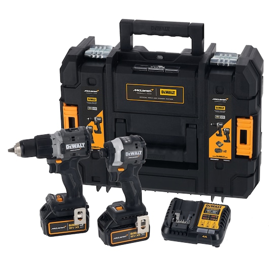 A DEWALT DCK200MP2T tool kit featuring a black and yellow hard carrying case, a cordless drill, a cordless impact driver, two battery packs, and a battery charger. The drill and driver both have DEWALT branding and are displayed in front of the case.