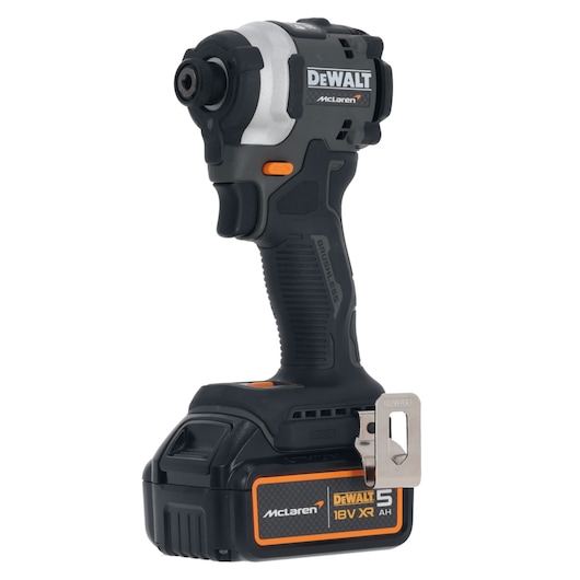 A DEWALT McLaren 18V XR cordless impact driver with a black and silver body, visible battery pack, and belt clip attachment.