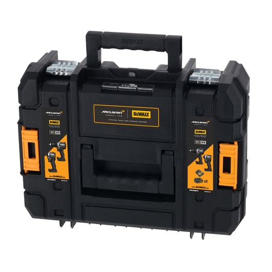 A DEWALT black plastic tool case with a handle, featuring orange latches and McLaren branding. The front has two illustrated tool icons and product information stickers.