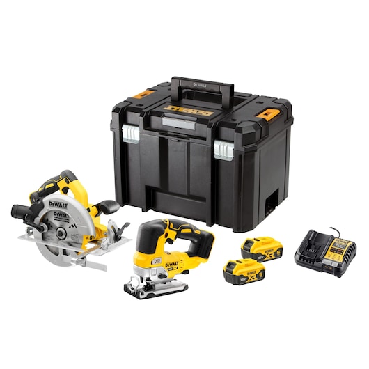 DEWALT tool kit including a black and yellow carrying case, a circular saw, a jigsaw, two rechargeable batteries, and a battery charger.