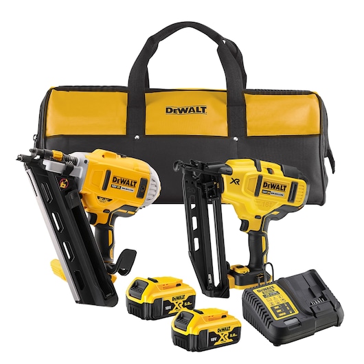 A DEWALT tool set including two yellow and black cordless nail guns, two 18V XR 5.0Ah lithium-ion battery packs, a battery charger, and a yellow and black carrying bag with the DEWALT logo.