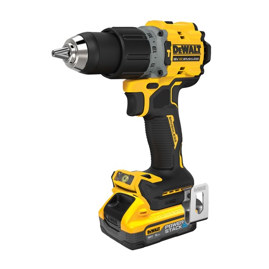 A DEWALT branded cordless power drill with a yellow and black design, featuring an 18V battery and brushless motor.