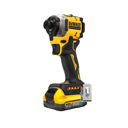 A DEWALT 18V XR Brushless impact driver with Powerstack battery, featuring a yellow and black color scheme and a metal belt clip attached to the base.