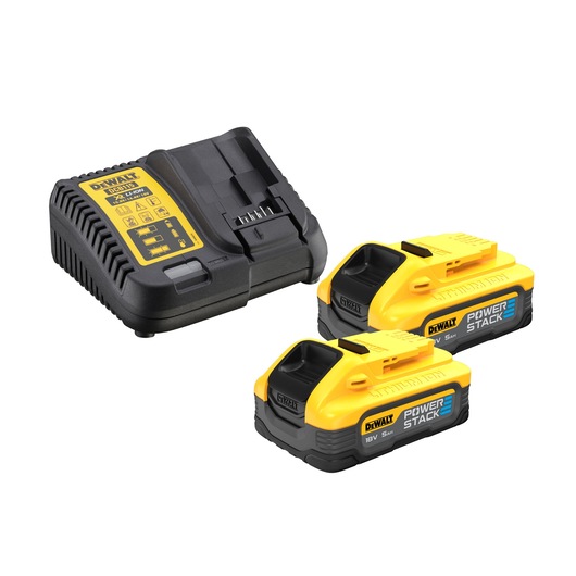 A DEWALT product set including a black and yellow battery charger and two DEWALT 18V PowerStack Lithium-ion batteries, shown on a white background.