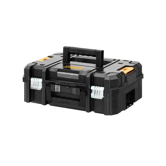 A DEWALT black plastic toolbox with a sturdy handle, metal latches, and yellow accent details. The toolbox is designed for storing and transporting tools.