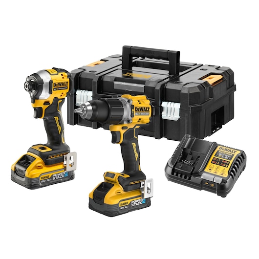 DEWALT cordless tool kit featuring a black and yellow drill, impact driver, battery charger, two Power Stack batteries, and a black hard carrying case.