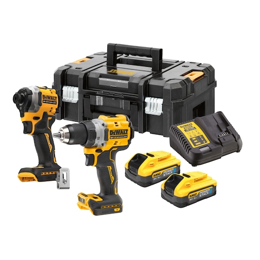 DEWALT tool kit with drill, impact driver, charger, two batteries, and black case.