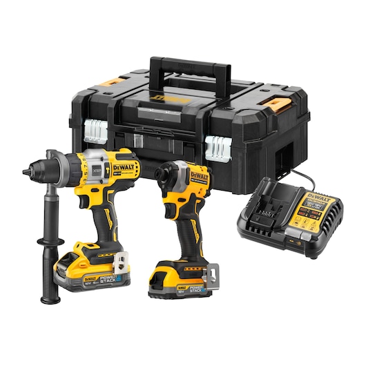 DEWALT cordless power tool kit including a hammer drill, an impact driver, two POWERSTACK batteries, a charger, and a hard carrying case.