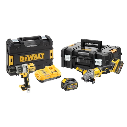 DEWALT tool kit with drill, grinder, batteries, charger, and storage cases, all in yellow and black.