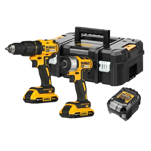 DEWALT tool kit includes drill, impact driver, battery charger, and a black case.
