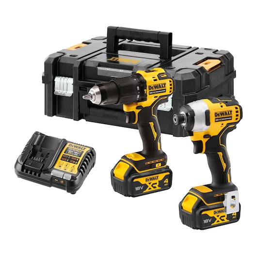 DEWALT tool kit including an 18V cordless drill, 18V impact driver, battery charger, and a sturdy black carrying case. The tools feature yellow and black designs and the batteries are marked XR 4.0 Ah.