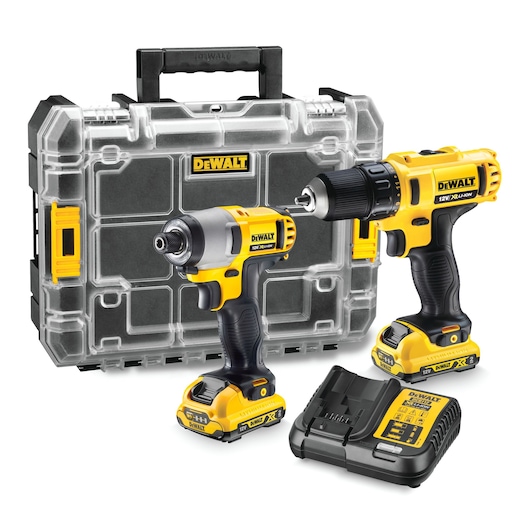 DEWALT drill and impact driver set with carrying case and charger, yellow and black, SKU DCK211D2T.