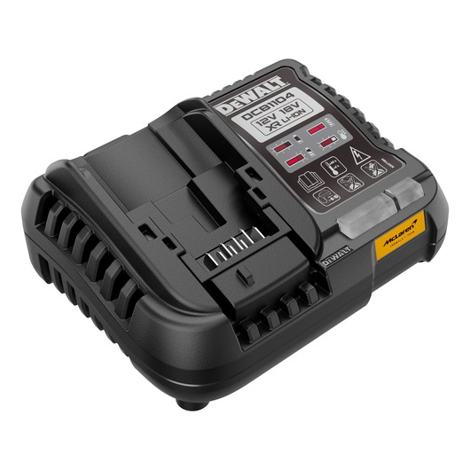 DEWALT charger for photography, SKUs DCK2222MP2T, DCK2222MP2T-QW. Black device with label and indicator lights.