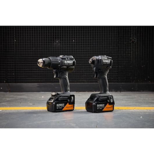 DEWALT DCK2222MP2T, DCK2222MP2T-QW special edition drills, two units on floor, photography category.