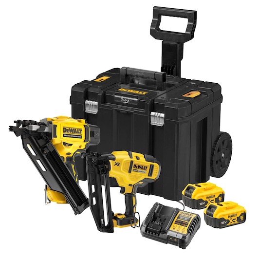 DEWALT nail gun kit with two nailers, charger, batteries, and rolling tool case.