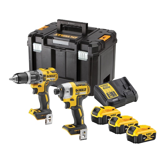 A DEWALT power tool set including a cordless drill, an impact driver, three 18V lithium-ion batteries, a battery charger, and a rugged black storage case with yellow accents.